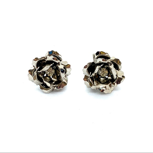 Vintage Jewelry - 5/$40 Vintage Earrings Prong Set Rhinestone Silver Tone Flower Petal Screw Back